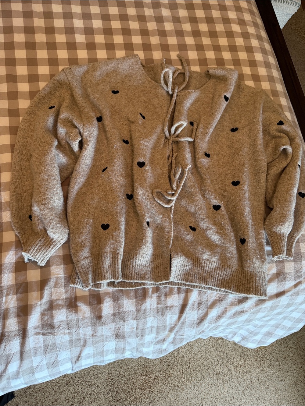 SHEIN Taupe Heart-Print Tie-Front Cardigan